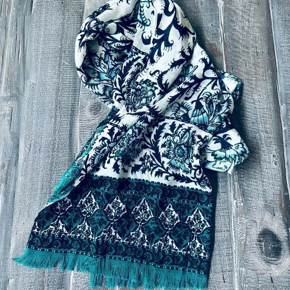 Blue Teal Green Paisley Print Scarf Wrap Accessory